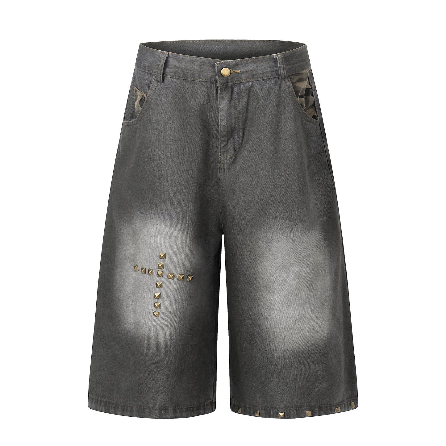 Women's Cross Rivet Camo Patch Wide Leg Denim Shorts - Blue & Black Comparison Front