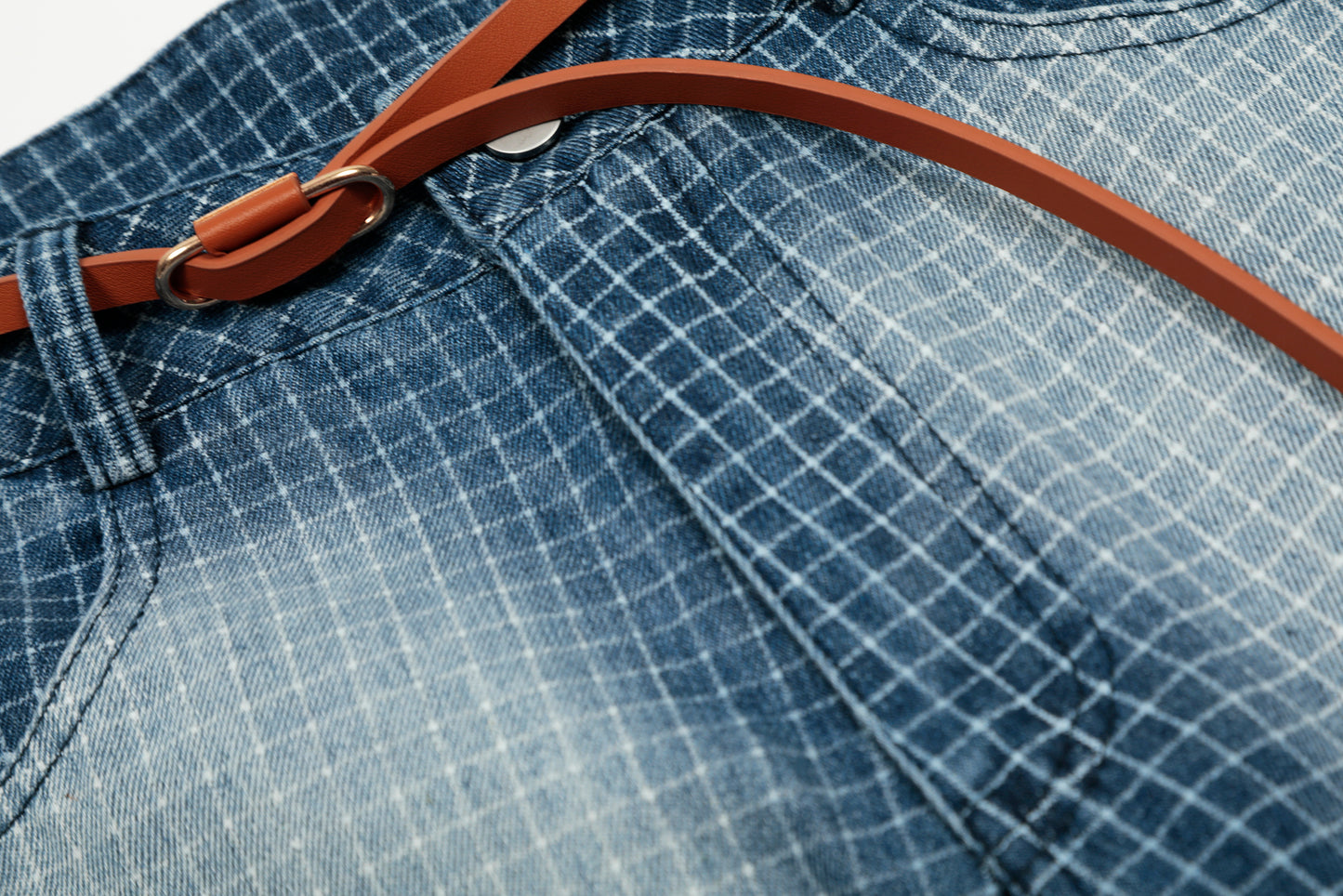 Grid Jacquard Washed Wide Leg Denim Shorts High Waist Bleached Vintage Belt Included Y2K Streetwear