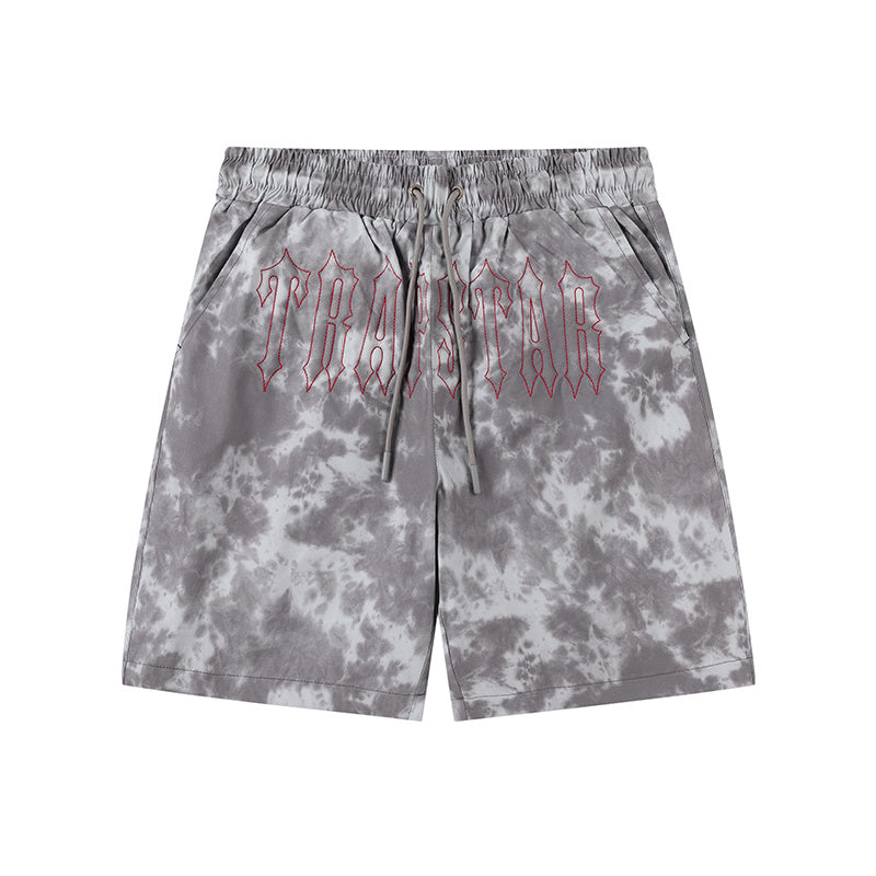 Black and gray tie-dye graphic shorts with drawstring waist and front pockets - view 12