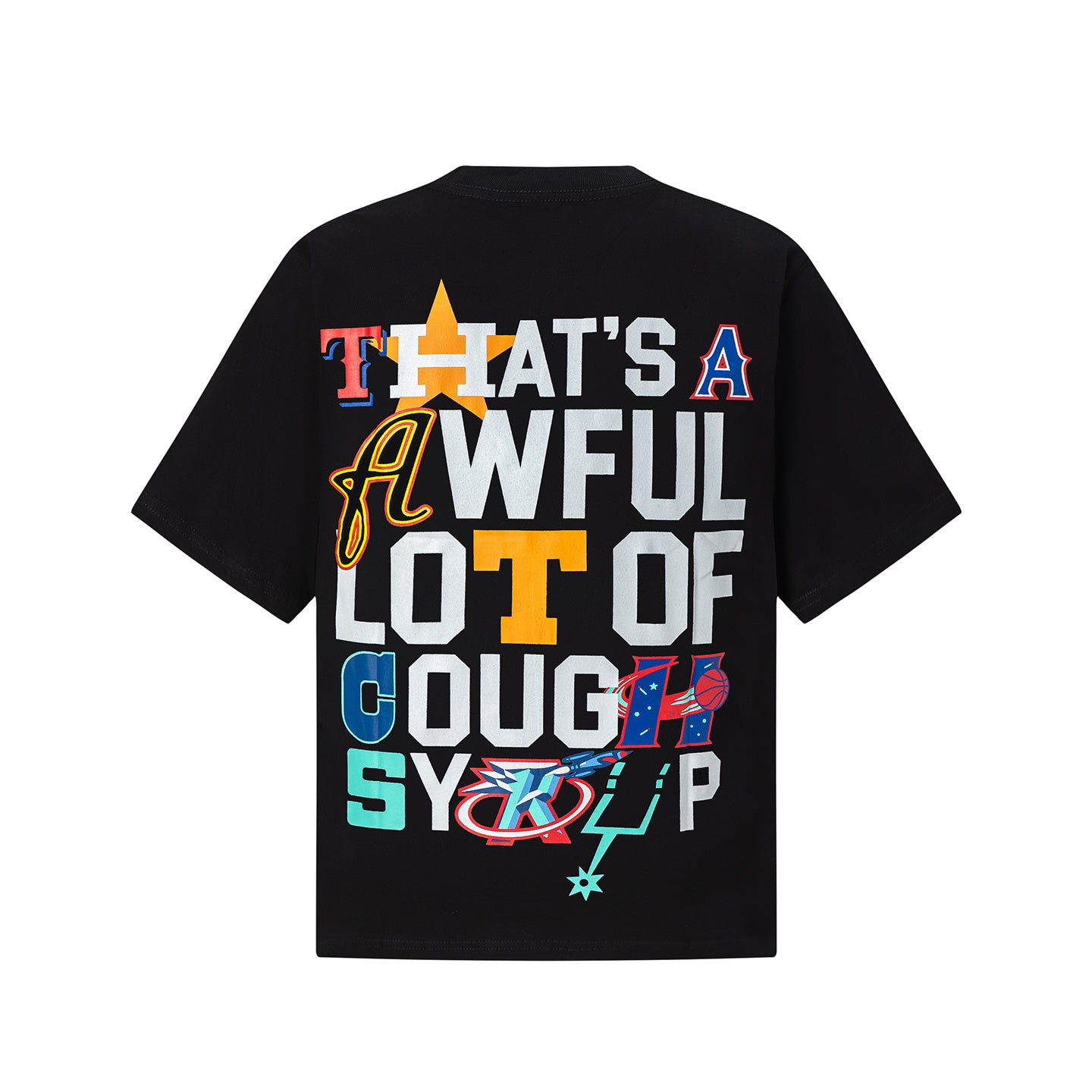 Black short sleeve graphic T-shirt with colorful basketball-inspired front and back print - view 12