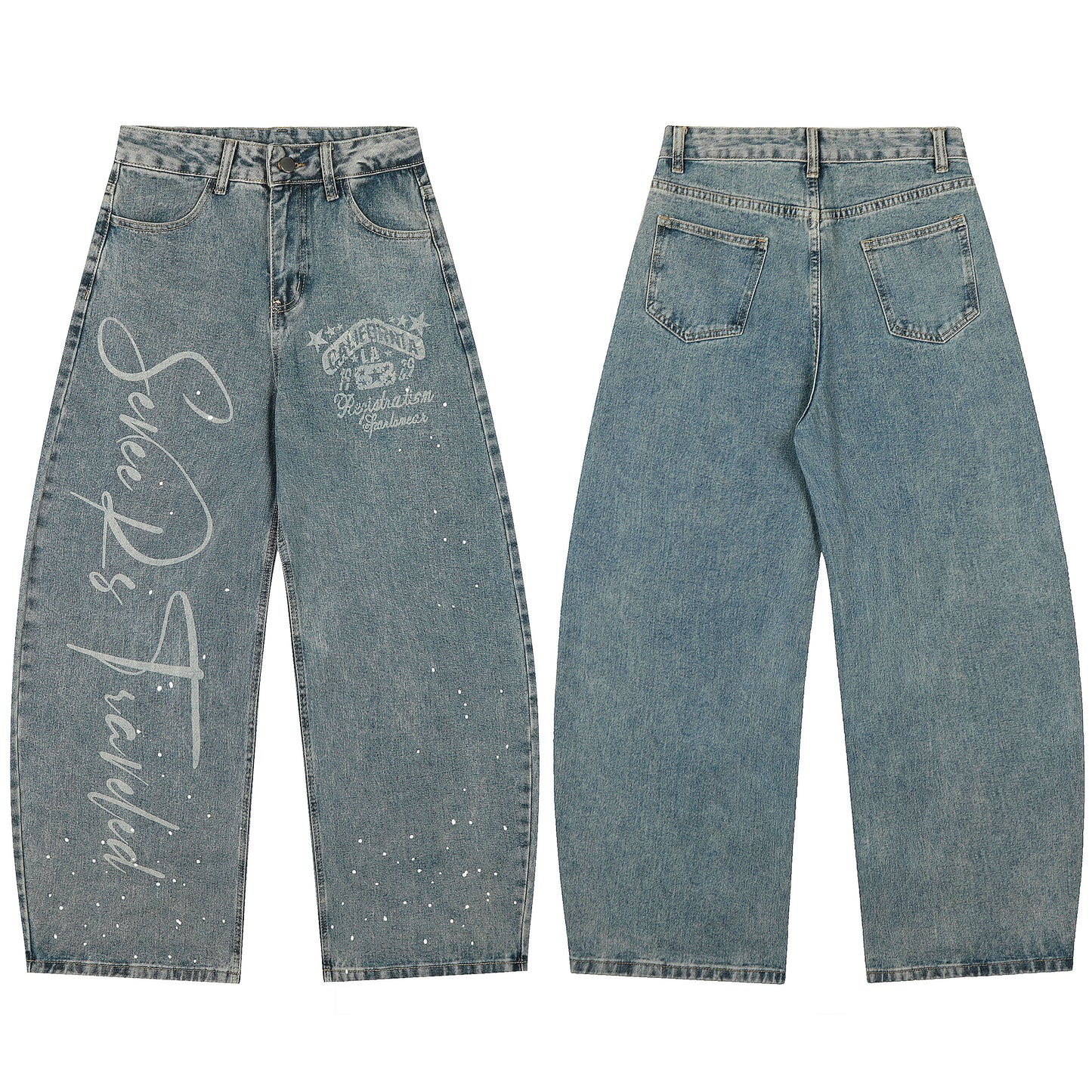 California Script Rhinestone Wide Leg Jeans - Vintage Blue Front Detail