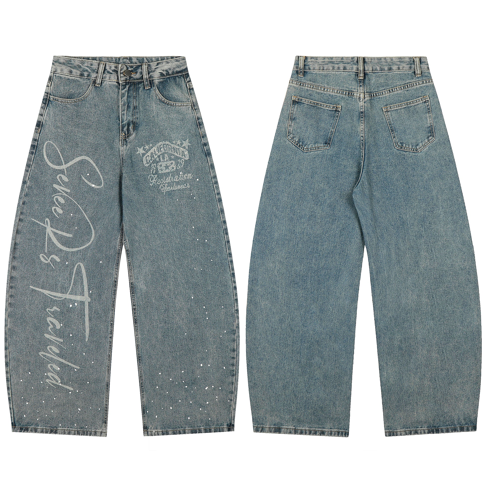 California Script Rhinestone Wide Leg Jeans - Vintage Blue Front Detail