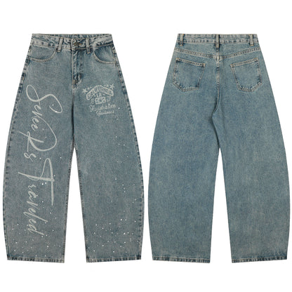 California Script Print Rhinestone Wide Leg Barrel Jeans Vintage Washed High Waist Y2K Streetwear