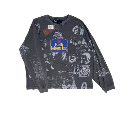 Paly Bethlehem Inn Graffiti Long Sleeve Tee Washed Distressed Vintage Charcoal Cropped Streetwear | Bethlehem Grunge