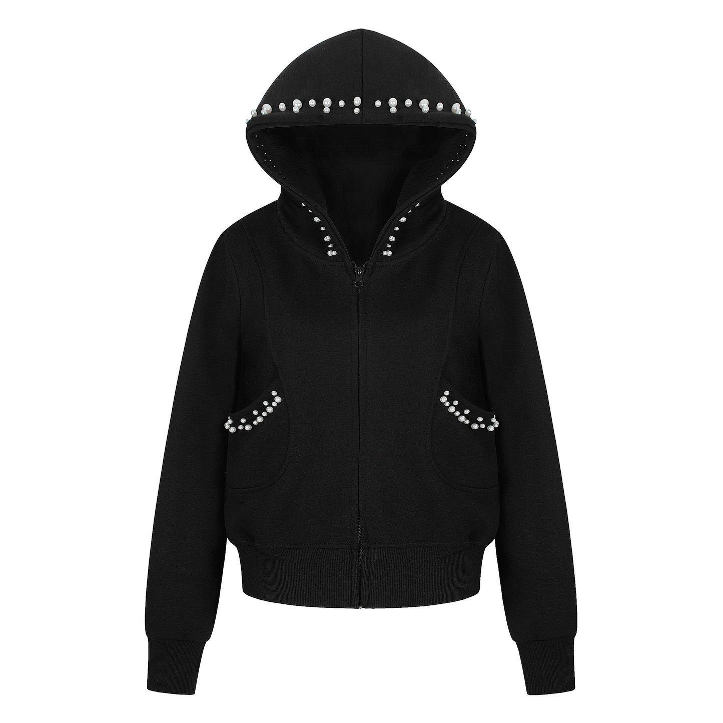 Women's RvntTeng Pearl Studded Hood Pocket Zip Hoodie - Grey & Black Front View