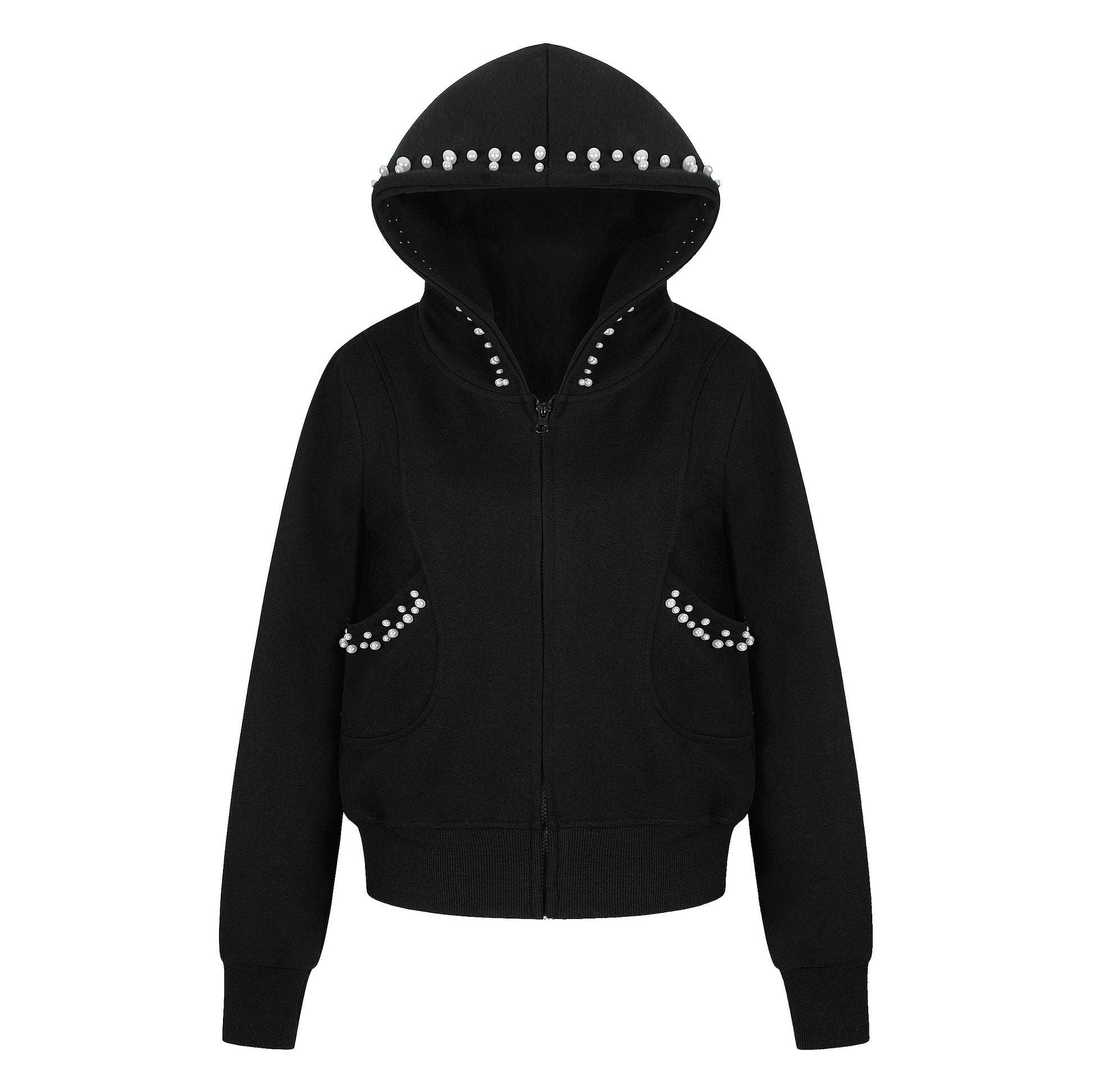 Women's RvntTeng Pearl Studded Hood Pocket Zip Hoodie - Grey & Black Front View