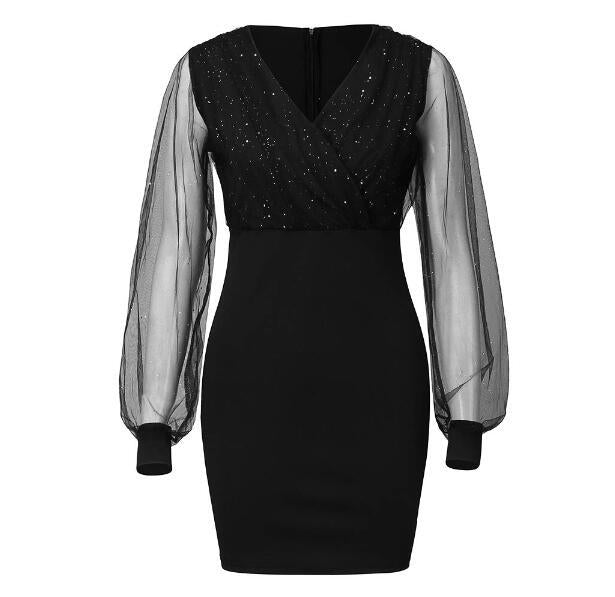 Mesh-Kleid mit V-Ausschnitt und Pailletten, schmales, sexy Kleid auf Lager