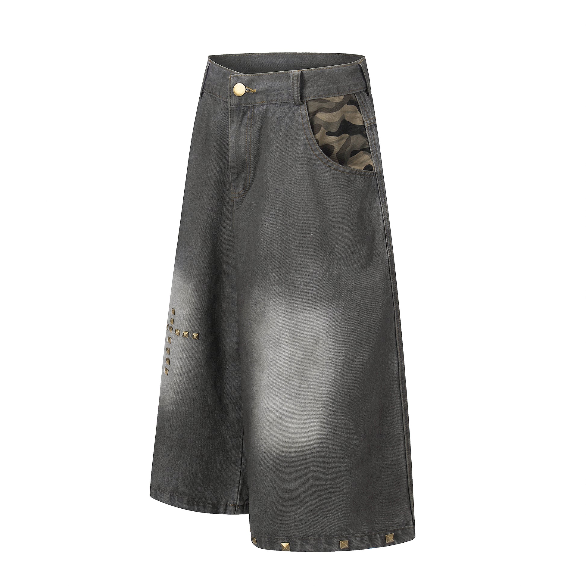 Women's Cross Rivet Camo Patch Wide Leg Denim Shorts - Black Back View