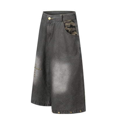 Women's Cross Rivet Camo Patch Wide Leg Denim Shorts High Waist Washed Streetwear RVNTENG Jean Shorts