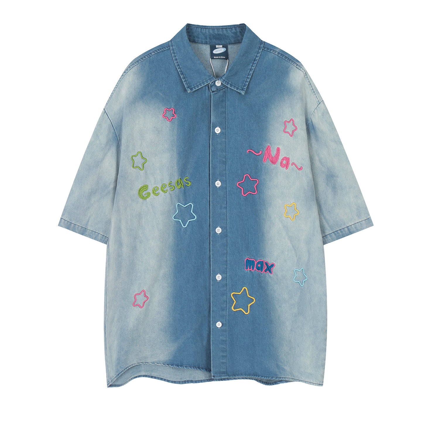 Geesas Na Max star embroidered denim shirt light blue - back