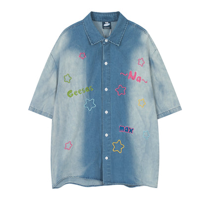 Geesas Na Max Colorful Star Embroidered Washed Denim Short Sleeve Shirt Oversized Button Down Y2K Streetwear Summer Top | Star Na