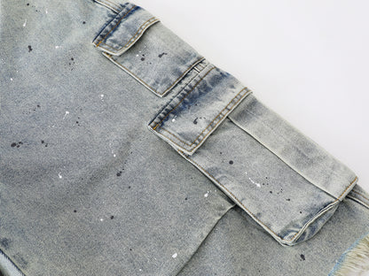 Dog Graphic Paint Splatter Cargo Denim Shorts Wide Leg High Waist Washed Multi-Pocket Streetwear Summer Casual Jean Shorts | Pup Cargo