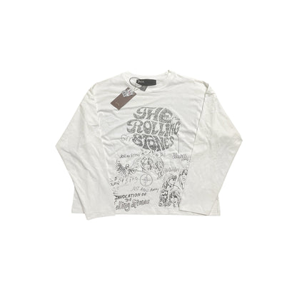 Rolling Stones Graphic Rhinestone Print Long Sleeve Oversized Tee Vintage Washed Cotton Retro Streetwear Top | Stone Drip
