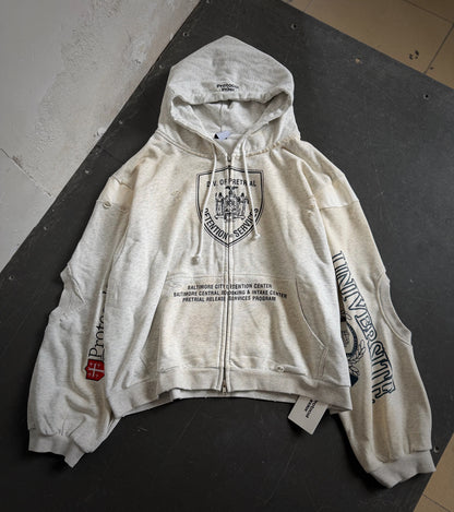 Protocol Index Shield Badge Print Spliced Zip Hoodie Distressed Washed Embroidered Streetwear | Shield Smock