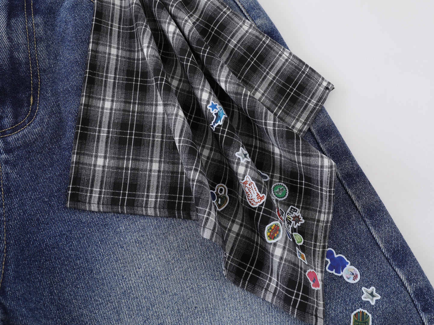 Cartoon Sticker Print Wide Leg Denim Shorts Plaid Handkerchief Waist Detail High Waist Casual Streetwear Baggy Jean Shorts | Sticker Hanky