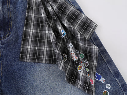 Cartoon Sticker Print Wide Leg Denim Shorts Plaid Handkerchief Waist Detail High Waist Casual Streetwear Baggy Jean Shorts | Sticker Hanky
