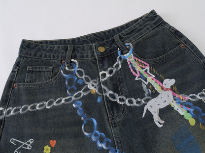 Chain Graphic Print Denim Shorts Wide Leg High Waist Washed Dalmatian Dog Charm Streetwear Summer Casual Jean Shorts | Chain Pup