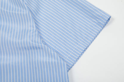 Ruffle Front Stripe Short Sleeve Shirt Oversized Button Down Feminine Casual Summer Top | Ruffle Stripe