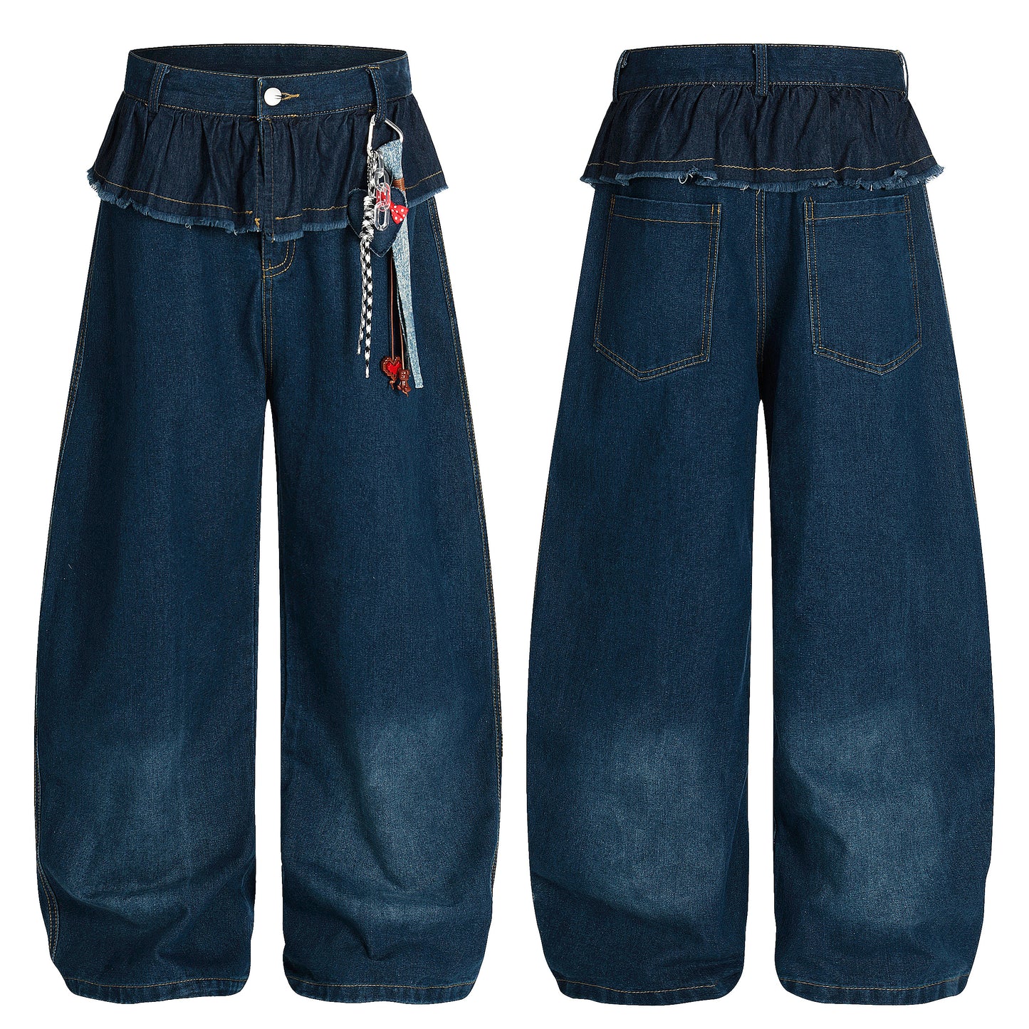 Women's Ruffle Fold-Over Waist Heart Charm Balloon Wide Leg Denim Jeans - Blue Back Detail View