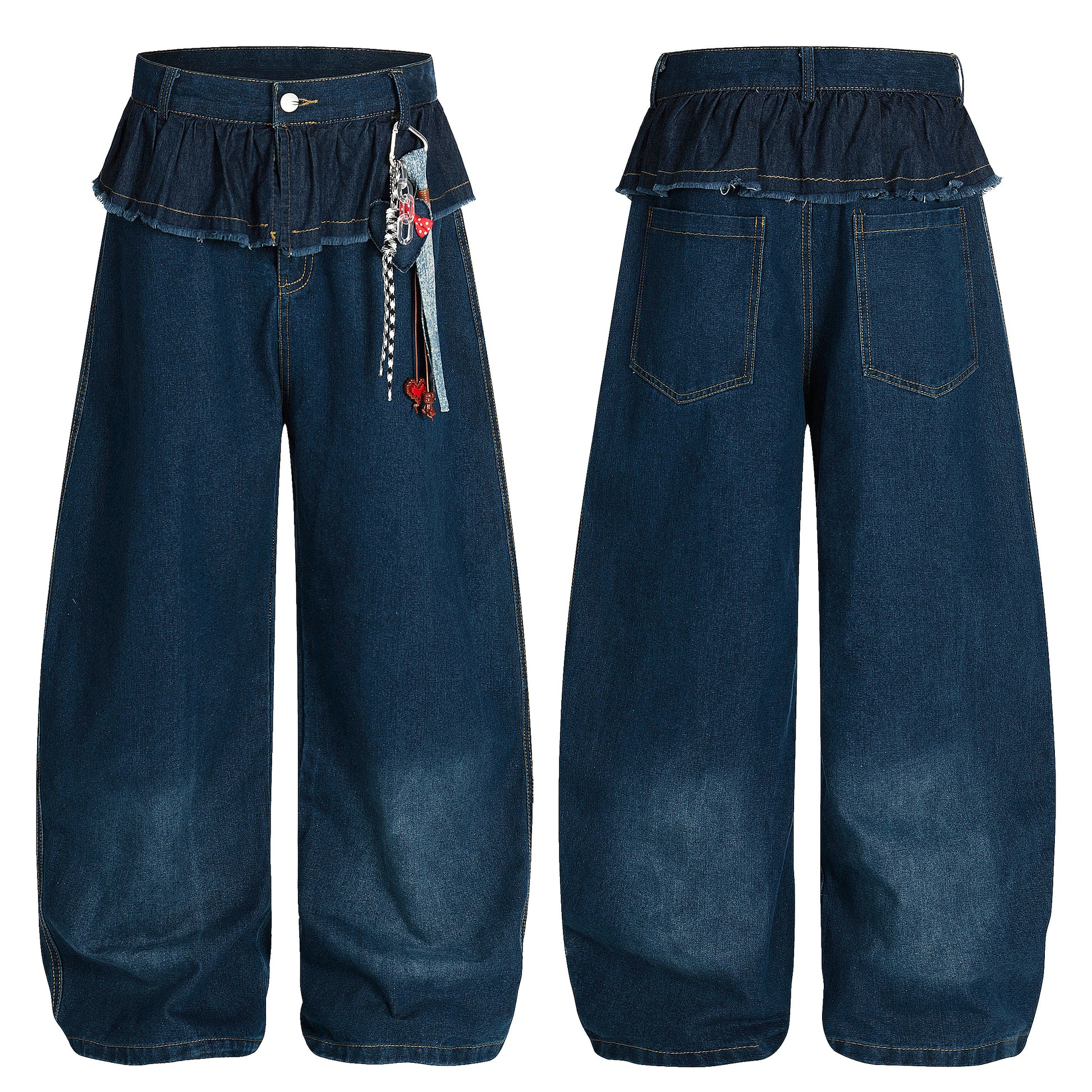 Women's Ruffle Fold-Over Waist Heart Charm Balloon Wide Leg Denim Jeans - Blue Back Detail View
