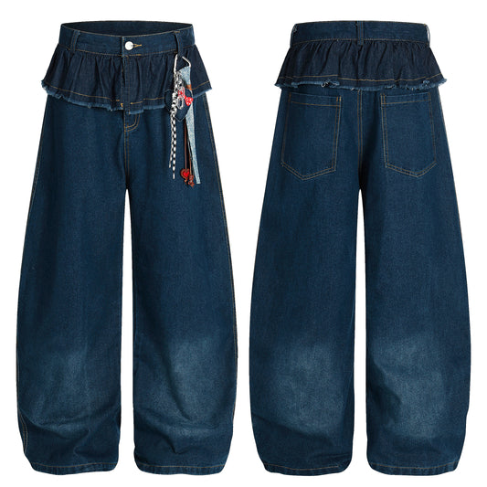 Women's Ruffle Fold-Over Waist Heart Charm Balloon Wide Leg Denim Jeans - Blue Back Detail View