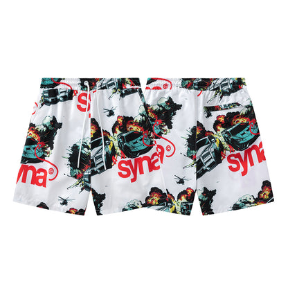 Unisex Graphic Shorts with Elastic Waist, Drawstring, Car Print and Side Pockets