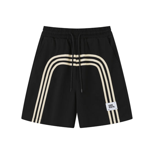 Khaki UNS Store rainbow arch stripe shorts front view