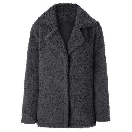 Damen Plüschjacke Einfarbig Wintermantel Vorne Offen Langarm Revers Kunstwolle Mantel Damen Wintermantel Eleganter Damenmantel