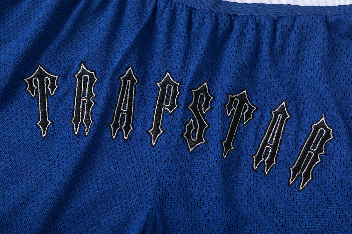 Blue graphic mesh basketball shorts with striped waistband and hem trim - view 13