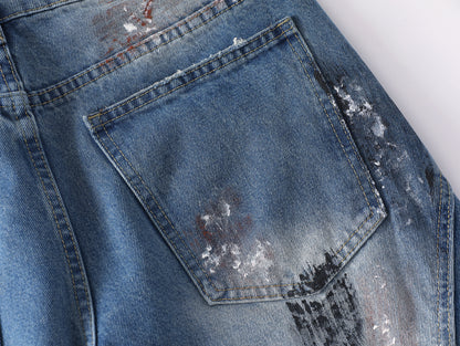 Paint Splatter Mud Dye Barrel Wide Leg Jeans High Waist Light Wash Distressed Diagonal Seam Streetwear Denim Trousers | Mud Canvas