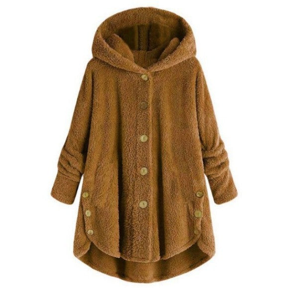 Qeaghou Thick Winter Coats for Women Causal Cute Sherpa Coats Fuzzy Fleece Warm Coats Button Down Long Sleeve Hooded Coat