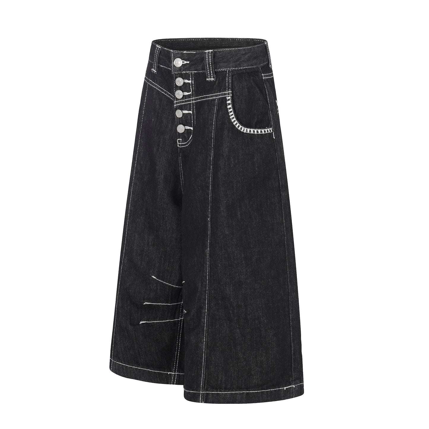 Women's Contrast Stitch 5-Button Wide Leg Denim Shorts - Black Skirt Style View