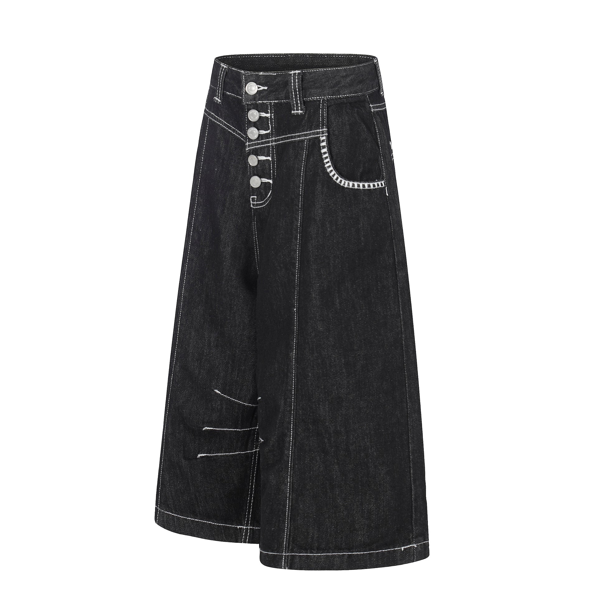 Women's Contrast Stitch 5-Button Wide Leg Denim Shorts - Black Skirt Style View