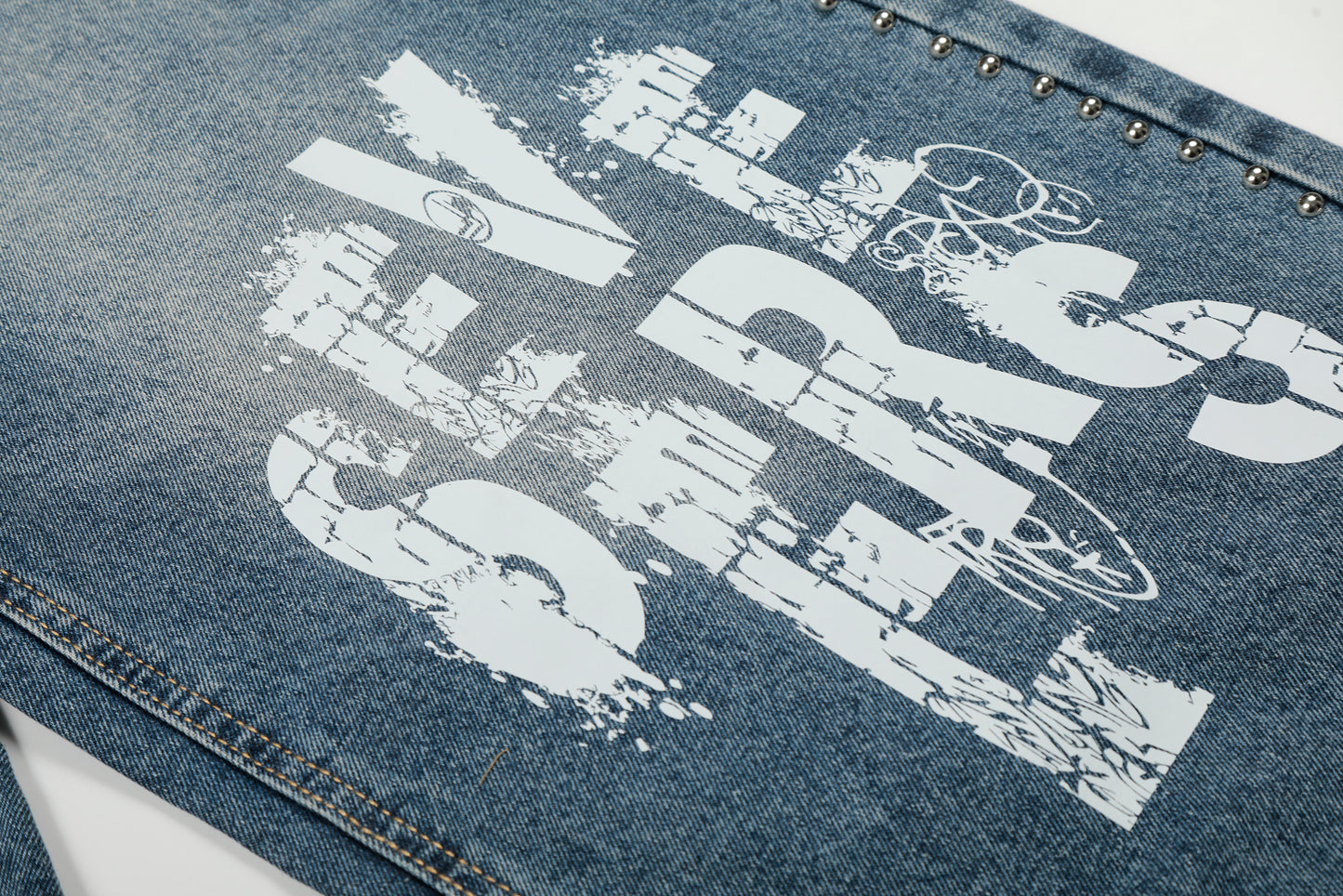 Severs Graffiti Letter Print Rivet Side Seam Wide Leg Barrel Jeans High Waist Washed Y2K Streetwear