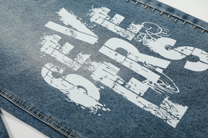 Severs Graffiti Letter Print Rivet Side Seam Wide Leg Barrel Jeans High Waist Washed Y2K Streetwear