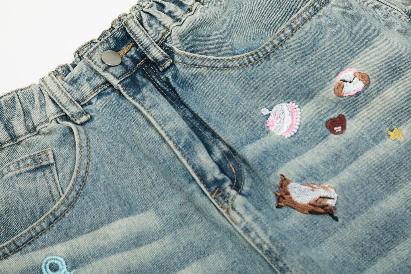Cartoon Embroidery Scatter Patch Wide Leg Jeans Elastic Waist Washed Denim Bear Star Bow Y2K Harajuku