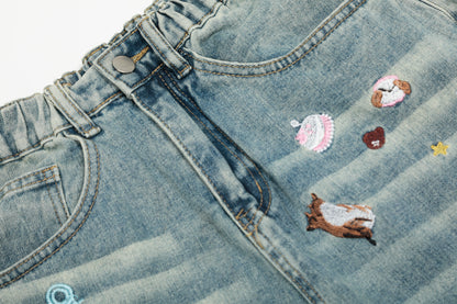 Cartoon Embroidery Scatter Patch Wide Leg Jeans Elastic Waist Washed Denim Bear Star Bow Y2K Harajuku