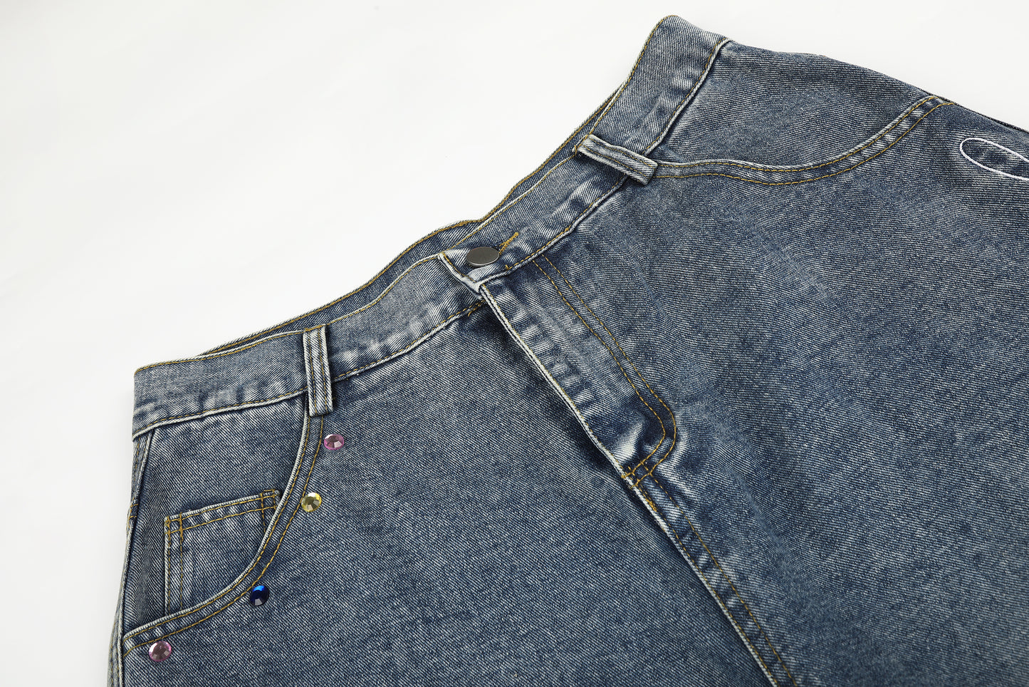 Women's Script Embroidery Rhinestone Wide Leg Denim Shorts High Waist Washed Casual Streetwear Jean Shorts