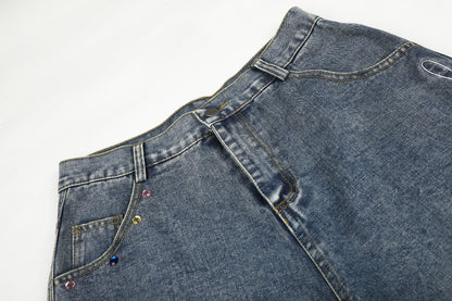 Women's Script Embroidery Rhinestone Wide Leg Denim Shorts High Waist Washed Casual Streetwear Jean Shorts