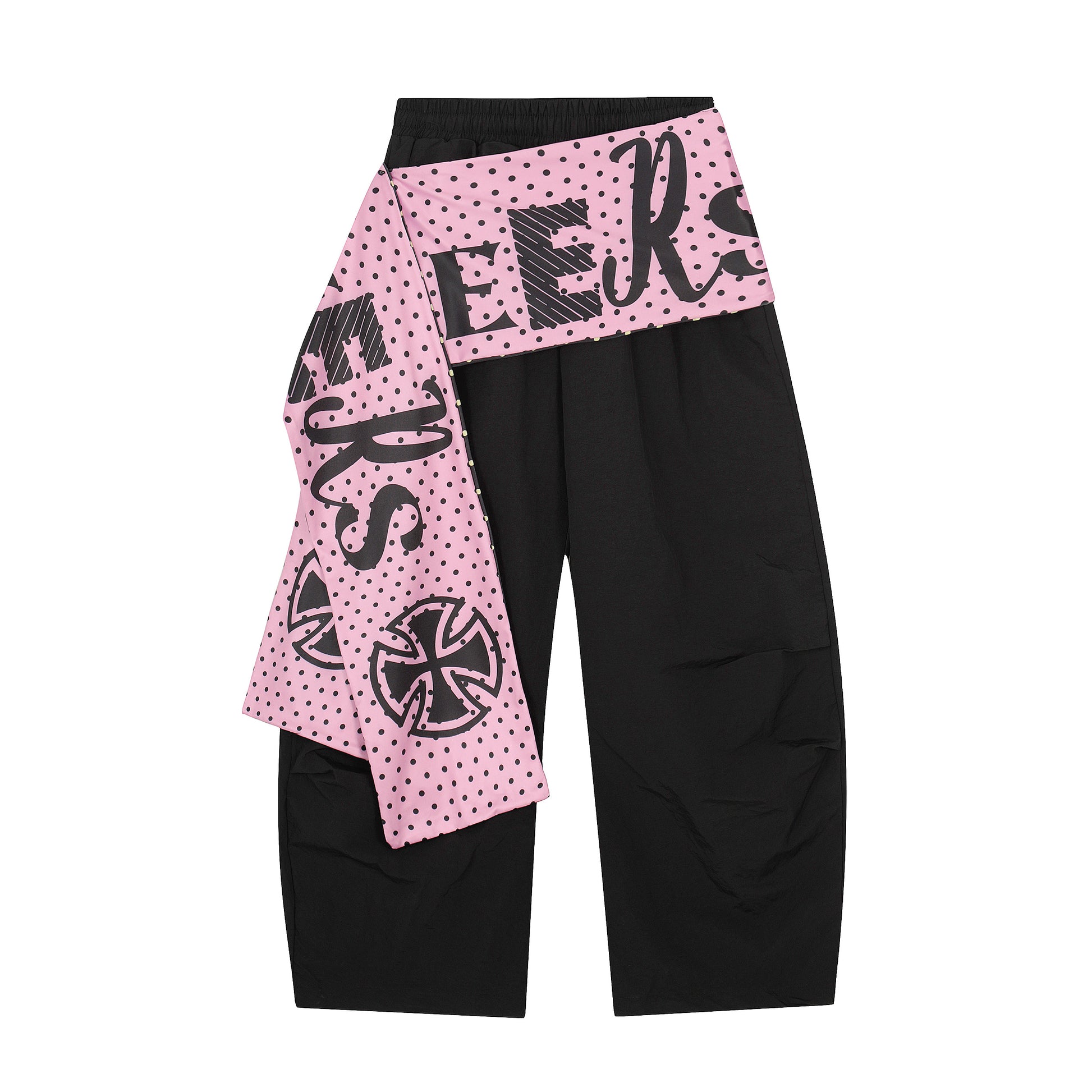 Polka Dot Scarf Waistband Wide Leg Pants - Black Front