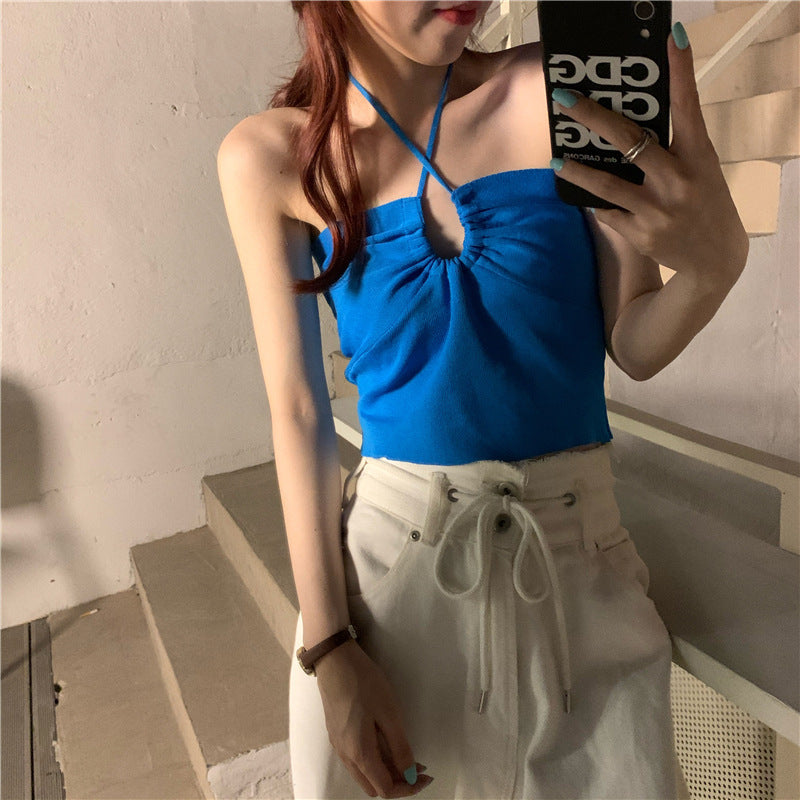 Summer New European and American small low-cut drawstring multi-wear halter vest women's figure-flattering belly-exposing short top