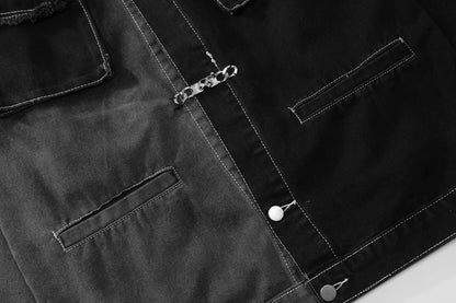 Oversized Two-Tone Denim Jacket Chain Detail Washed Vintage Streetwear Casual Fall Outerwear