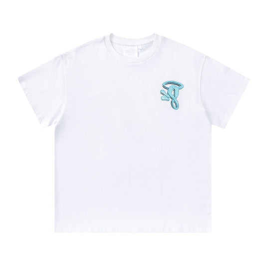 White crew neck short sleeve graphic T-shirt with small blue chest graphic - view 13