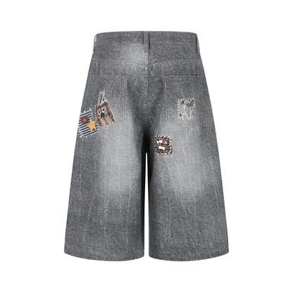 Women's Multi Patch Embroidery Charm Pendant High Waist Washed Denim Shorts Y2K Streetwear Bermuda Jean Shorts