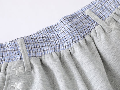 Star Print Number 34 Embroidery Wide Leg Sweat Shorts Plaid Elastic Waist Casual Streetwear Baggy Shorts | Star 34
