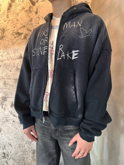 Paly Hollywood Birdman of Silver Lake Zip Hoodie Washed Distressed Heavyweight Cotton Oversized Zip-Up Streetwear Sweatshirt | Silver Lake