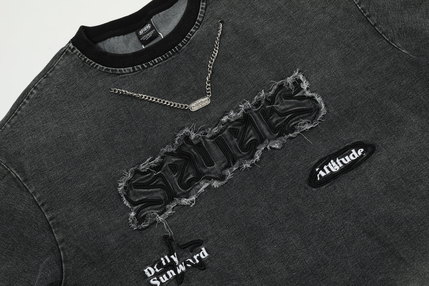 Oversized Washed Graphic Chain Embroidery Crewneck Short Sleeve Tee Streetwear Hip Hop Casual Summer T-Shirt