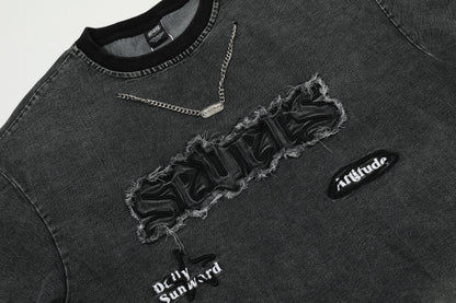 Oversized Washed Graphic Chain Embroidery Crewneck Short Sleeve Tee Streetwear Hip Hop Casual Summer T-Shirt