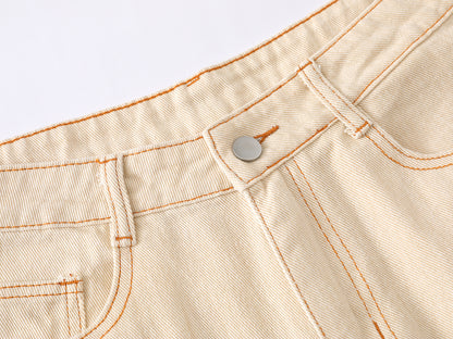 Colorful Button Embellished Wide Leg Denim Shorts Arc Seam Detail High Waist Casual Streetwear Baggy Jean Shorts | Button Row
