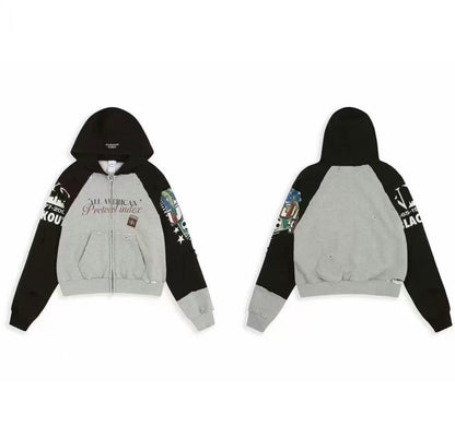 Protocol Index All American Football Print Raglan Zip Hoodie Distressed Washed Embroidered Streetwear | Grid Raglan